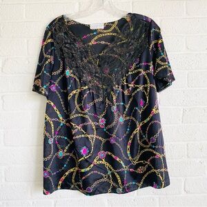 Vintage 1980s VASSARETTE Jewelry Print on Black Chain Print PJ Set Lace Medium